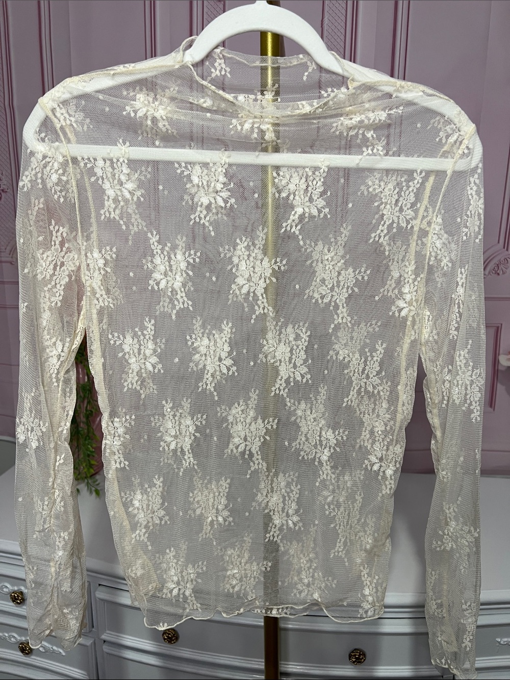 Sheer Floral Champagne Lace Long Layering Sleeve Top
